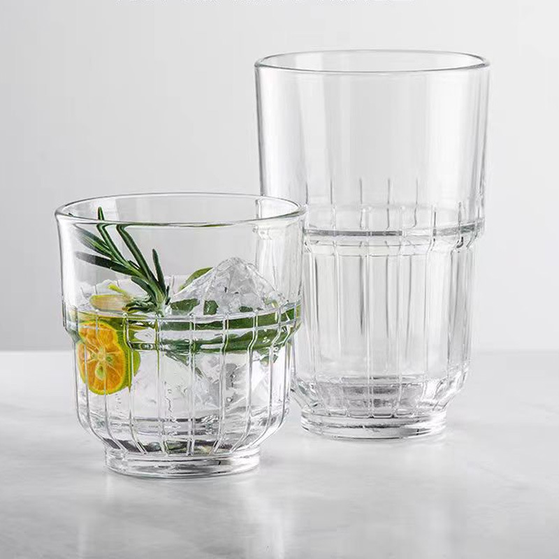 American latte coffee cup, retro striped stackable glass cup, beverage juice beer mug, milk tea brewing cup full figure