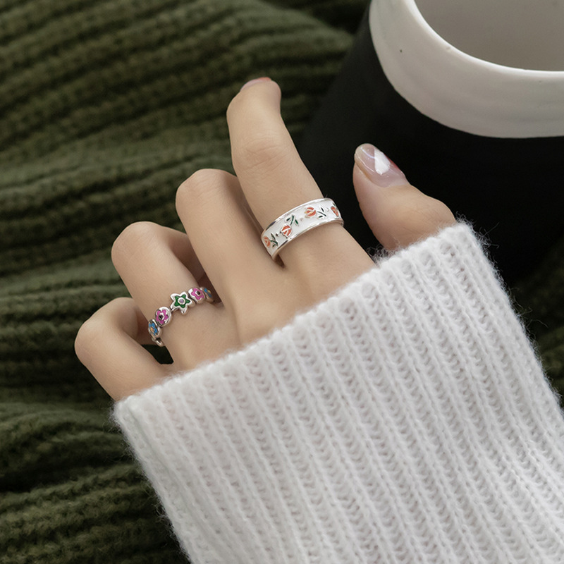 Tulip flower drip glaze open ring for women's Instagram niche design, high-end, fashionable and individual ring, light luxury trend Specification drawing