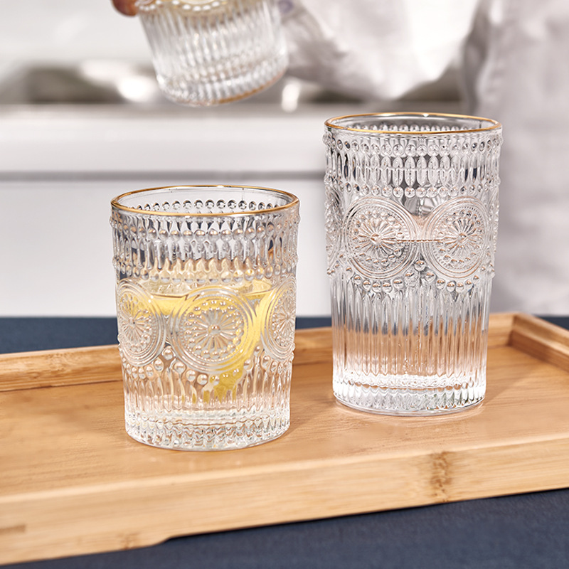 Golden-edge iriered sunflower glass cup, InS-style relief water cup, milk tea, Xipu Wedding Souvenir cup wholesale Specification drawing