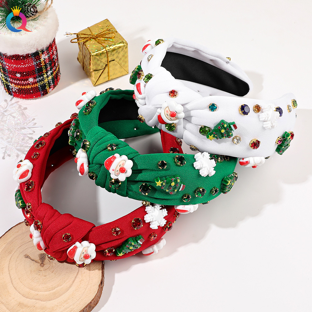 Qiyue Cross-border Christmas headband Wide edge diamond-encrusted pearl headband High skull top Santa Claus Hair Hole Hair Accessory wholesale for women Specification drawing