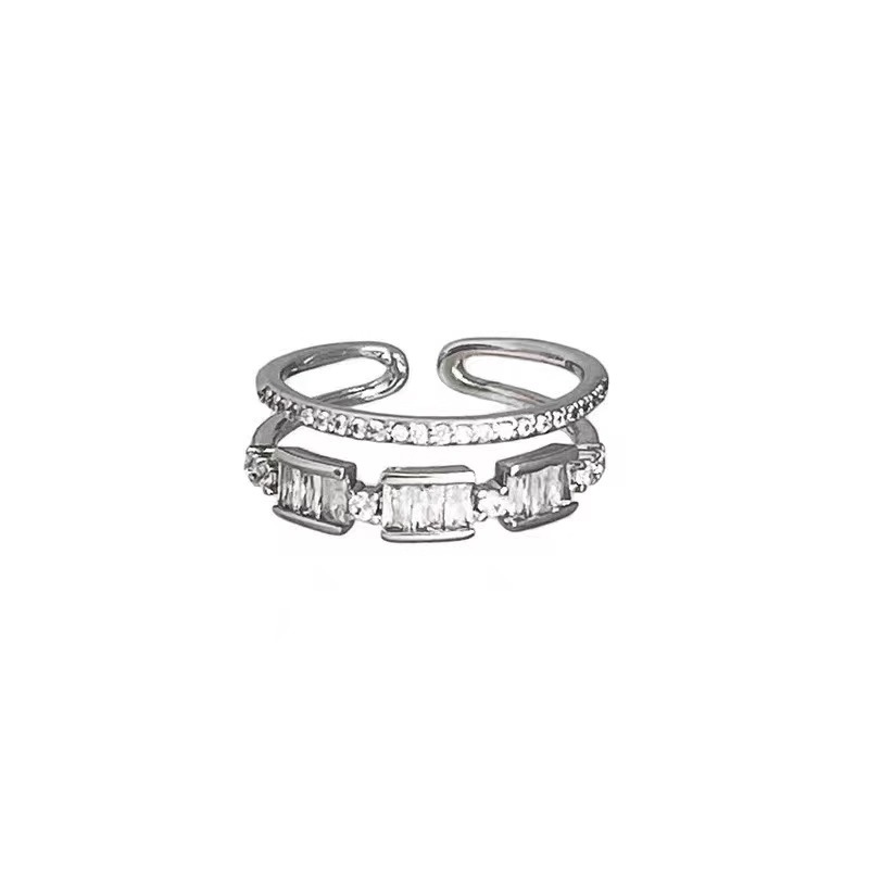 Exquisite double-layer zircon ring, women's niche design, high-end plain ring, open index finger ring, tail ring Item Picture