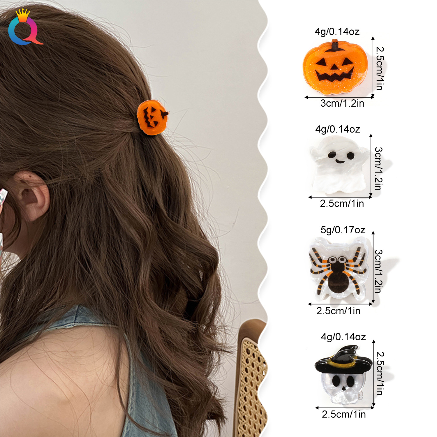 Qiyue Cross-border European and American Halloween Trumpet Clip, ins acrylic bangs clip, broken hair clip, Pumpkin ghost hair clip details Picture