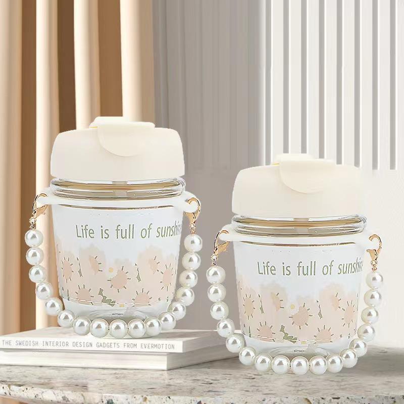 High appearance level InS-style pearl chain sunflower double drinking straw cup, pearl cup souvenir straw cup, one-piece consignment Specification drawing