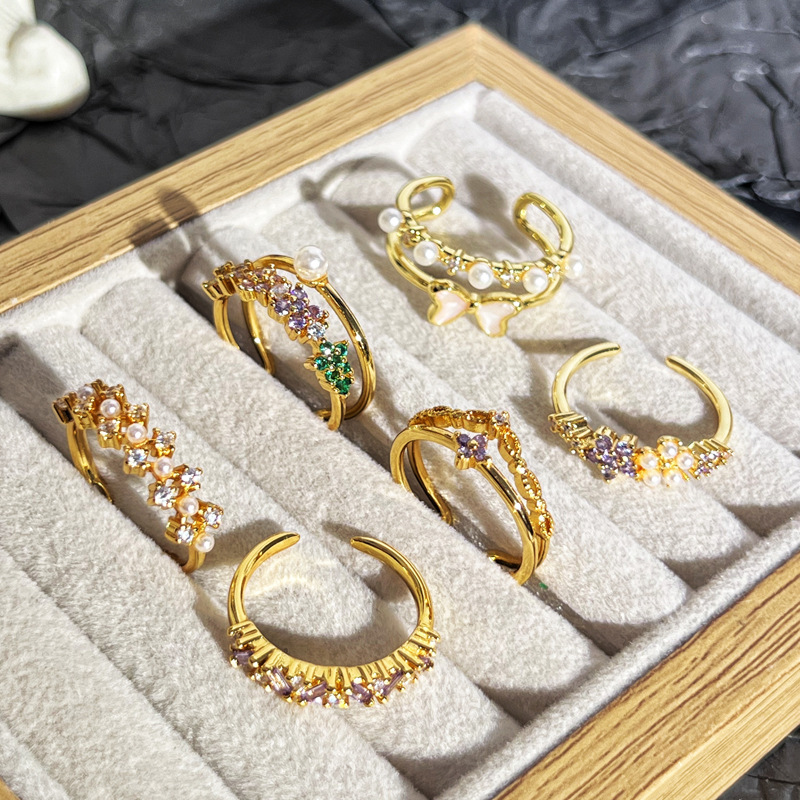 Korean-style light luxury small diamond pearl inlaid elegant ring, women's bow, niche design, sweet and cool, versatile ring Specification drawing
