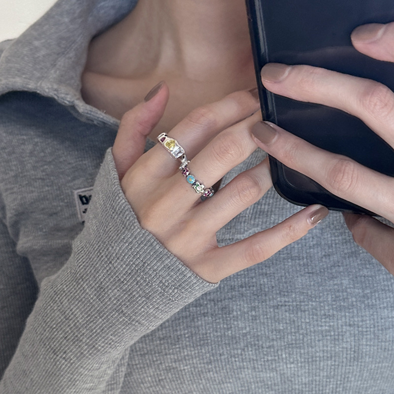 Colorful small flower drop glaze, irregular-shaped heart, colored diamond and zircon ring with adjustable opening, a new trend of Korean 2023 Specification drawing