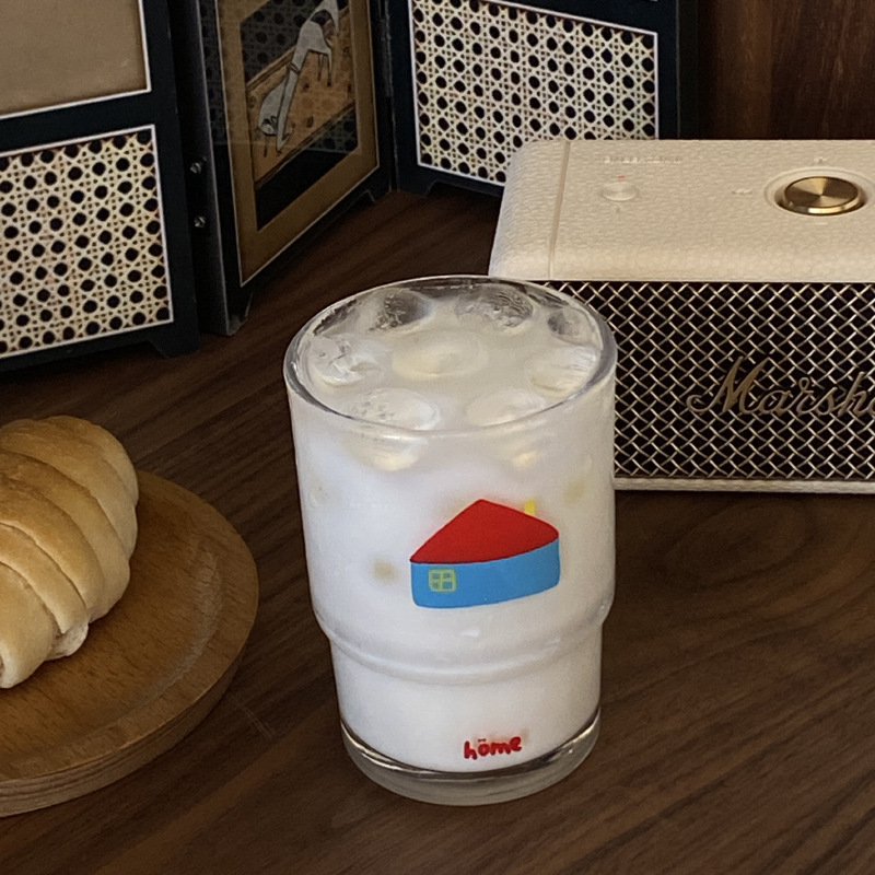 Homemade home glass cup, ins Warm Cartoon Red House water cup, niche Korean stackable cold drink cup 230ml details Picture