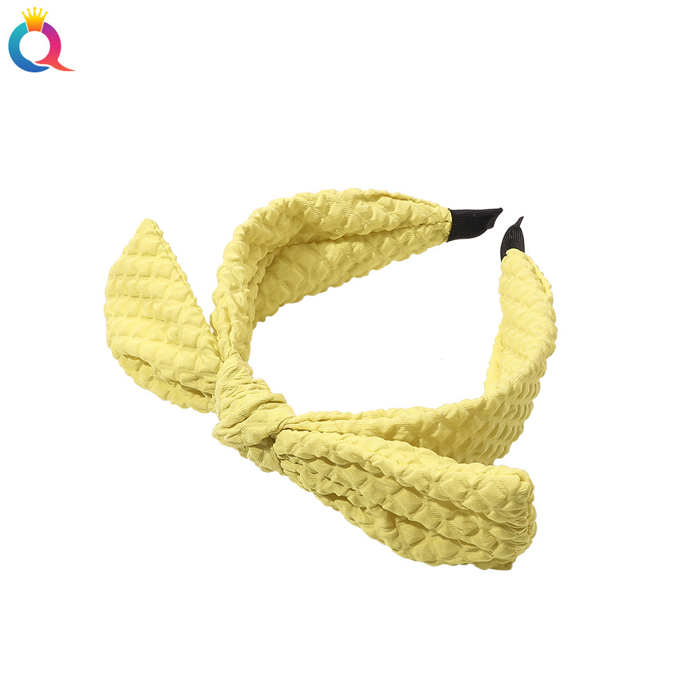 Qiyue Korean Waffle bow tie hair band, versatile headband for going out, updo hair accessory, solid color wide edge hair clip Item Picture