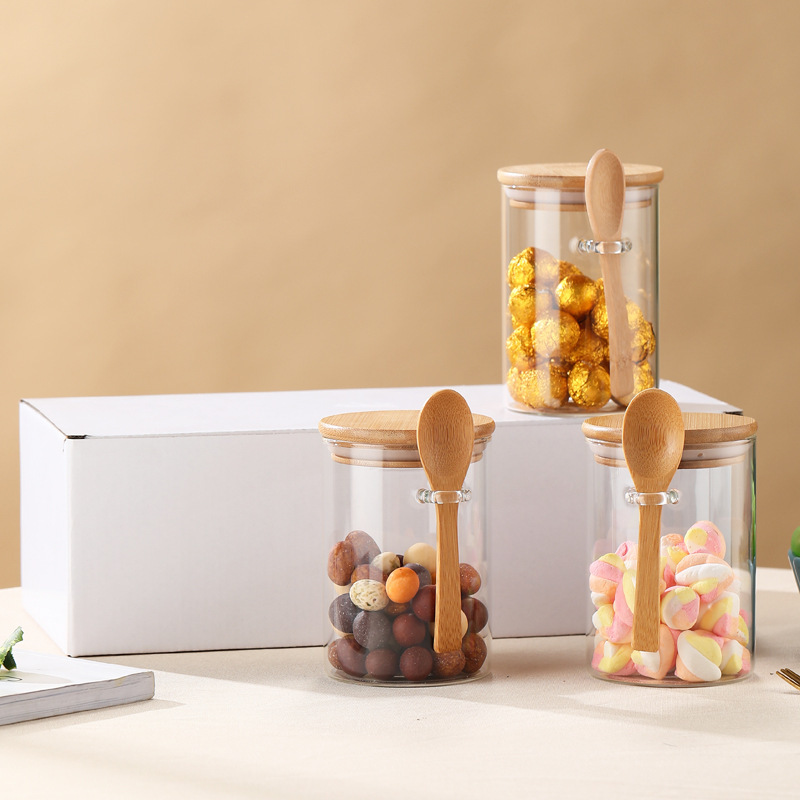 Round storage tank with wooden spoon, household high borosilicate glass sealed storage tank for tea, snacks, grains and cereals details Picture