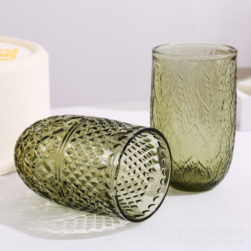 Factory wholesale cross-border European-style embossed household glass water cups, bar juice cups, hotel supplies, thickened mouthwash cups Specification drawing