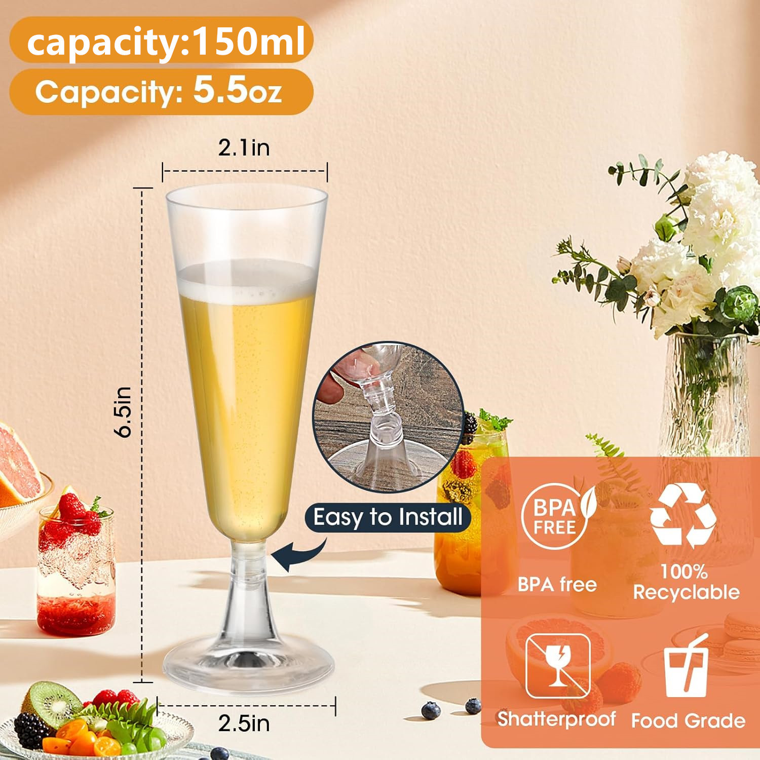 Wholesale 150ML disposable champagne glasses, cross-border wedding parties, birthday parties, ps plastic transparent tall glass factory details Picture