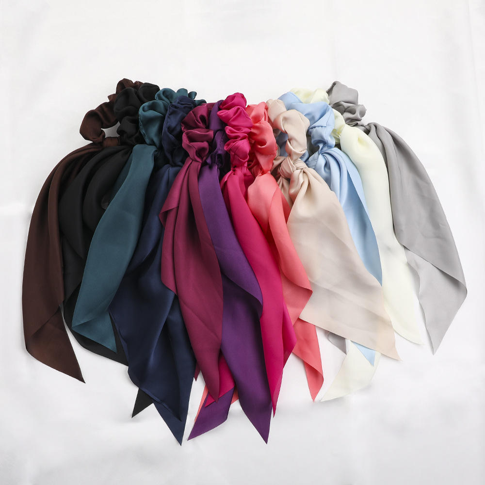 Qiyue's new European and American knotted ribbon satin large intestine circle monochromatic silky smooth square scarf hair tie for women's ponytail details Picture