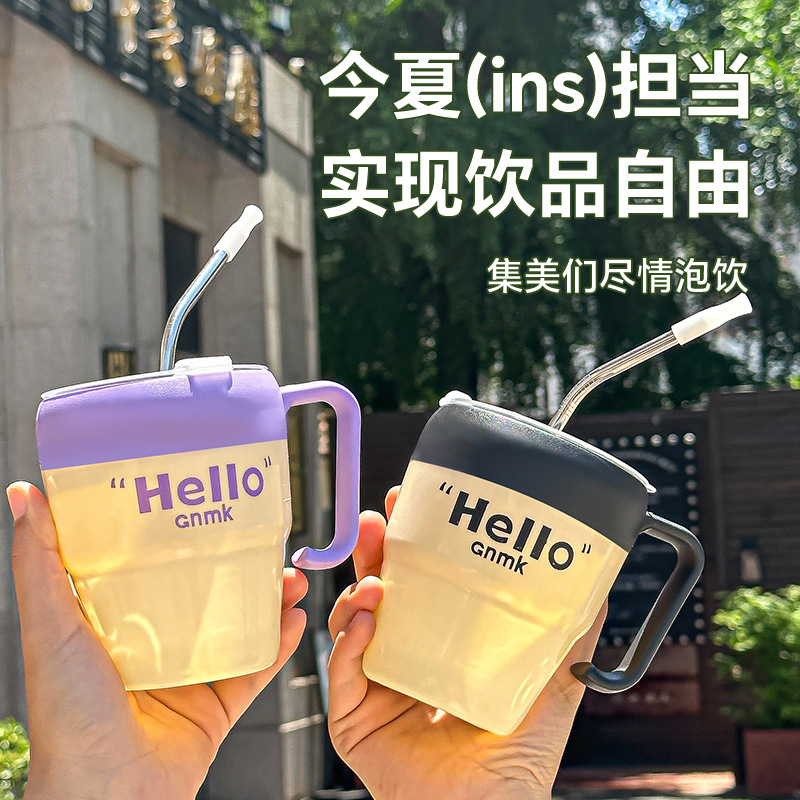 Glass cup, office handle coffee cup, stainless steel straw, glass water cup, summer macaron-colored double drinking cup Specification drawing