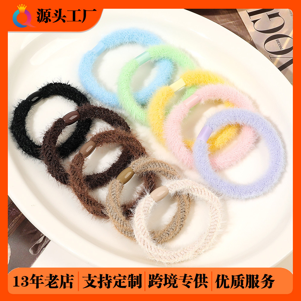 Qiyue Cross-border Autumn and Winter plush hair bands for women, simple leather bands, high elasticity and durability hair ties, hair ties and hair accessories wholesale full figure