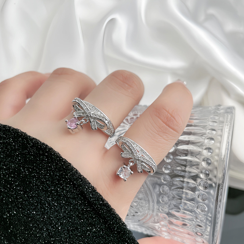 Korean sweet bow, pink diamond tassel, elegant open ring, women's niche design, fashionable and versatile ring accessory details Picture