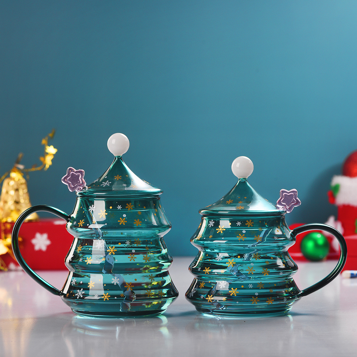 Christmas gift cups, creative glass cups, ins household water cups with LIDS, wholesale double-layer high borosilicate juice cups details Picture