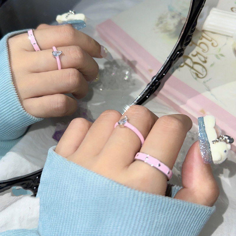 Sweet and cool style, unique and niche design, cute open ring for women Y2k, soft pink drip glaze, heart layered and exquisite ring Specification drawing