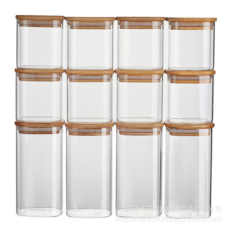 Square glass sealed jars with bamboo and wood LIDS, condiments, food, dried fruits storage jars, tea cans Item Picture