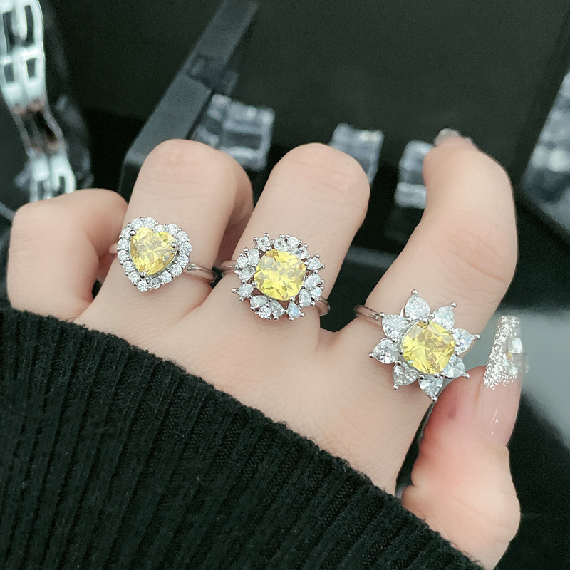 Cross-border colored gemstone, light luxury and high-end feel, yellow diamond zircon geometric adjustable ring, fashionable and cold style ring accessory trend full figure