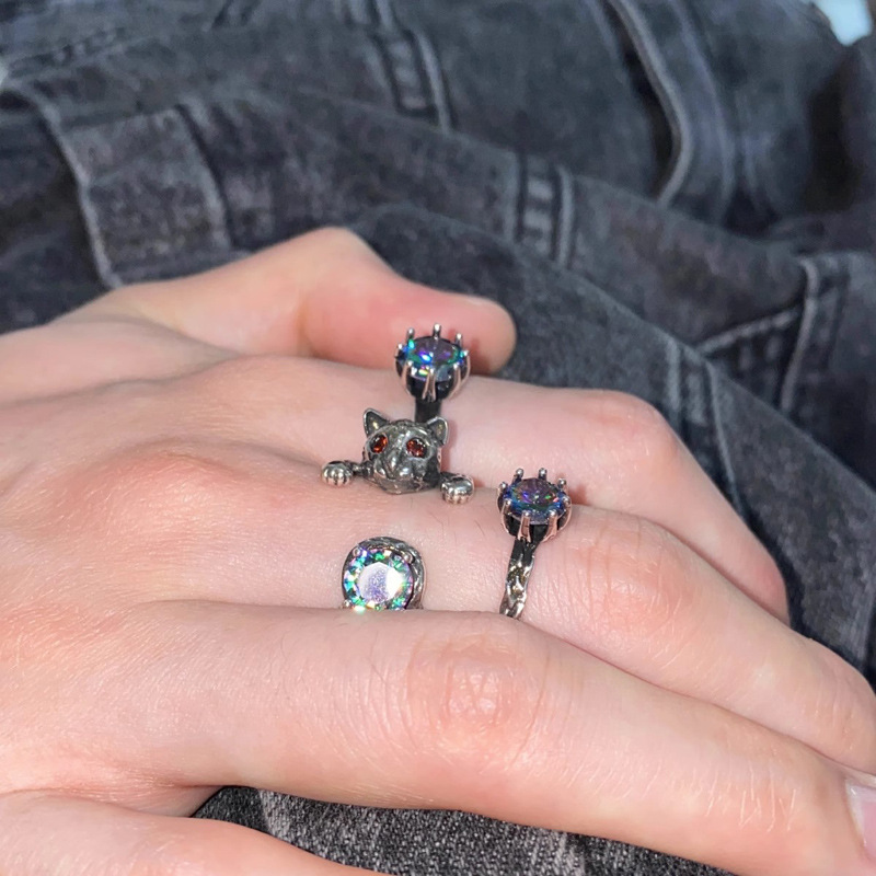 Retro dark and aged kitten open ring, a cute, unique and simple ring for women on Instagram, a cool and fashionable index finger ring Specification drawing