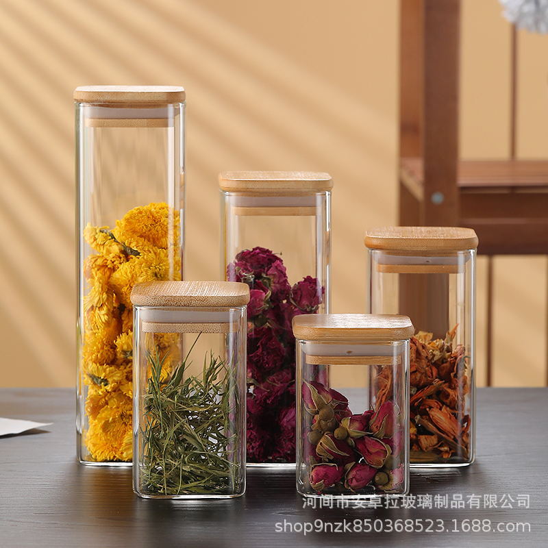 Customized square kitchen storage jars for grains and cereals, sealed tea cans, and cross-border glass sealed storage jars full figure