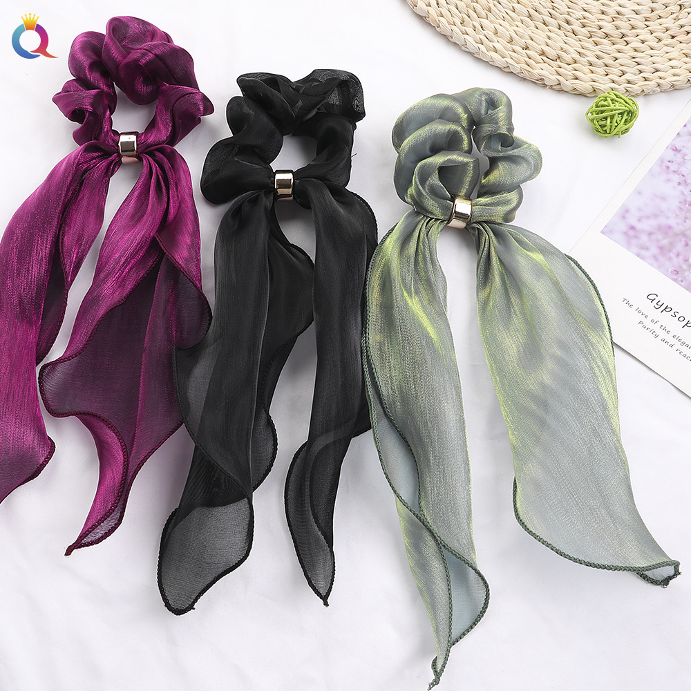 Qiyue Cross-border Super Sweet and fairy-like solid-color silk fabric ribbons, hair bands, hair accessories, hair coils, large intestine hair ropes factory wholesale Application Scenario