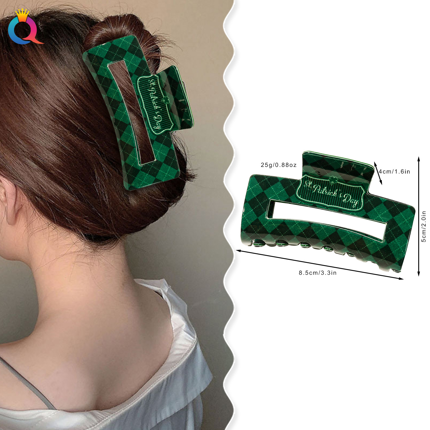 Qiyue Irish St. Parker's Day hair clips, high-end hairpin, shark clip, women's square hair accessories, hair clips wholesale details Picture