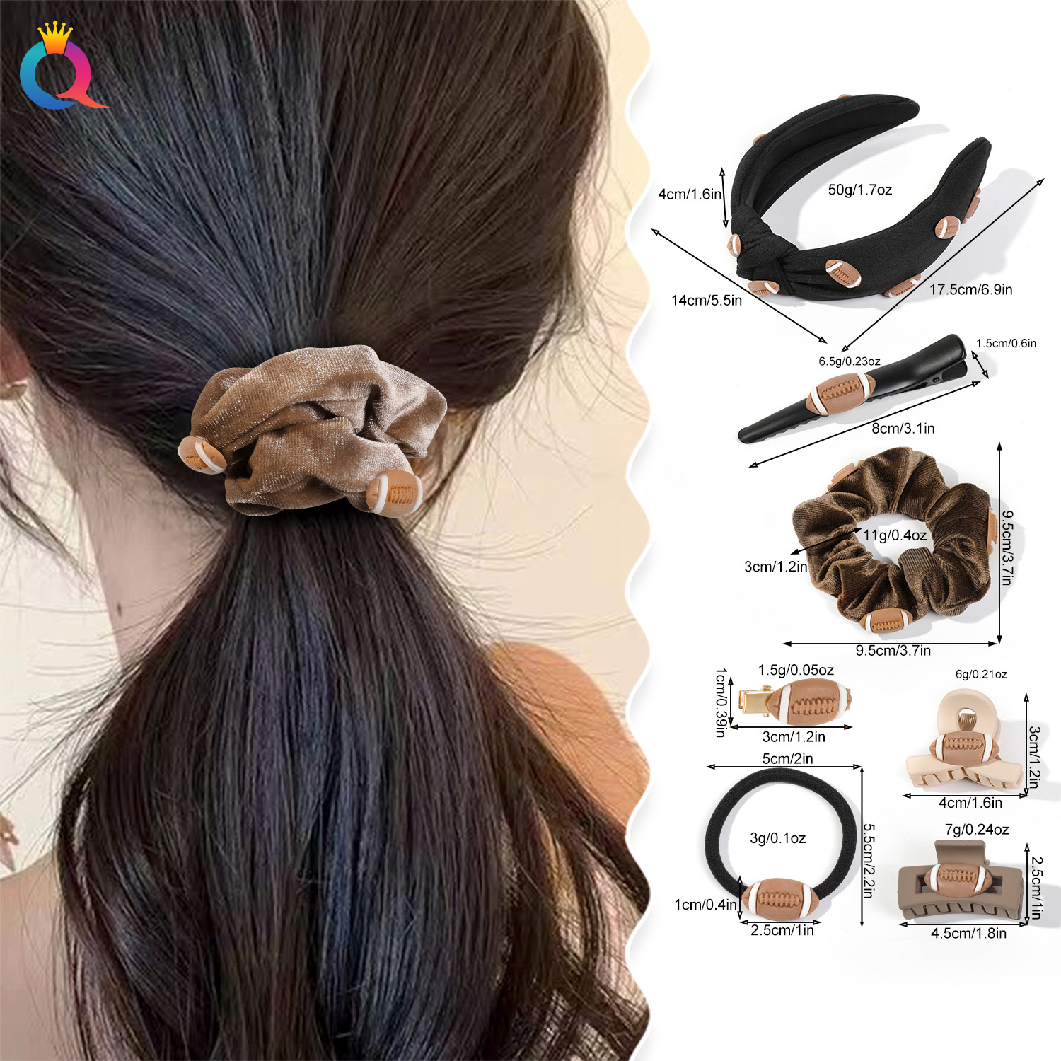 Wholesale of Qiyue Cross-border Rugby Set hair clips, hair ties, hair bands, broken hair duck clips, high head knot hair bands and hair accessories details Picture