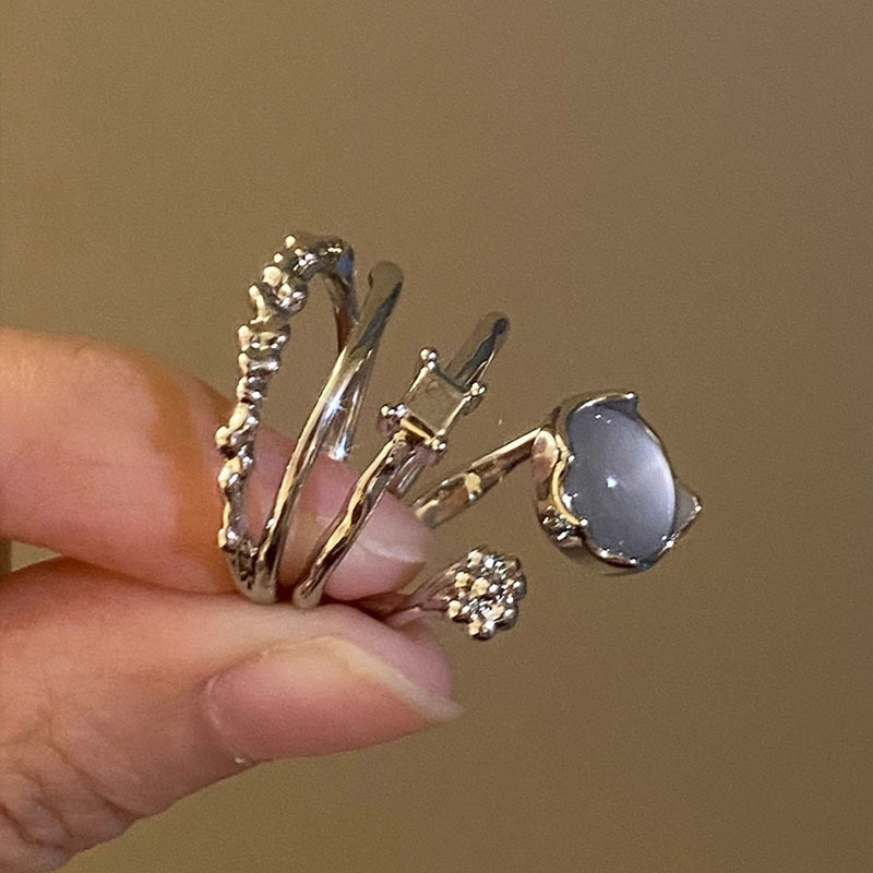 Three-piece ice-transparent cat's eye ring set, a niche design for women, with a high-end and cold style index finger ring, a fashionable and individual ring full figure