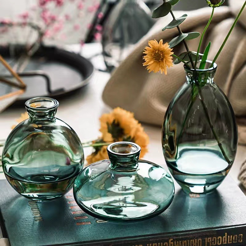 Three-piece cross-border transparent glass vase set, desktop vase, hydroponic flower vase, handicrafts, home decoration, colorful Specification drawing