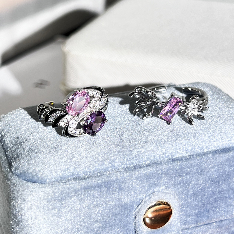 European and American sweet and cool pink, purple, diamond, twin stone, high-end, light luxury, open ring, women's niche flower, individual and elegant ring Application Scenario