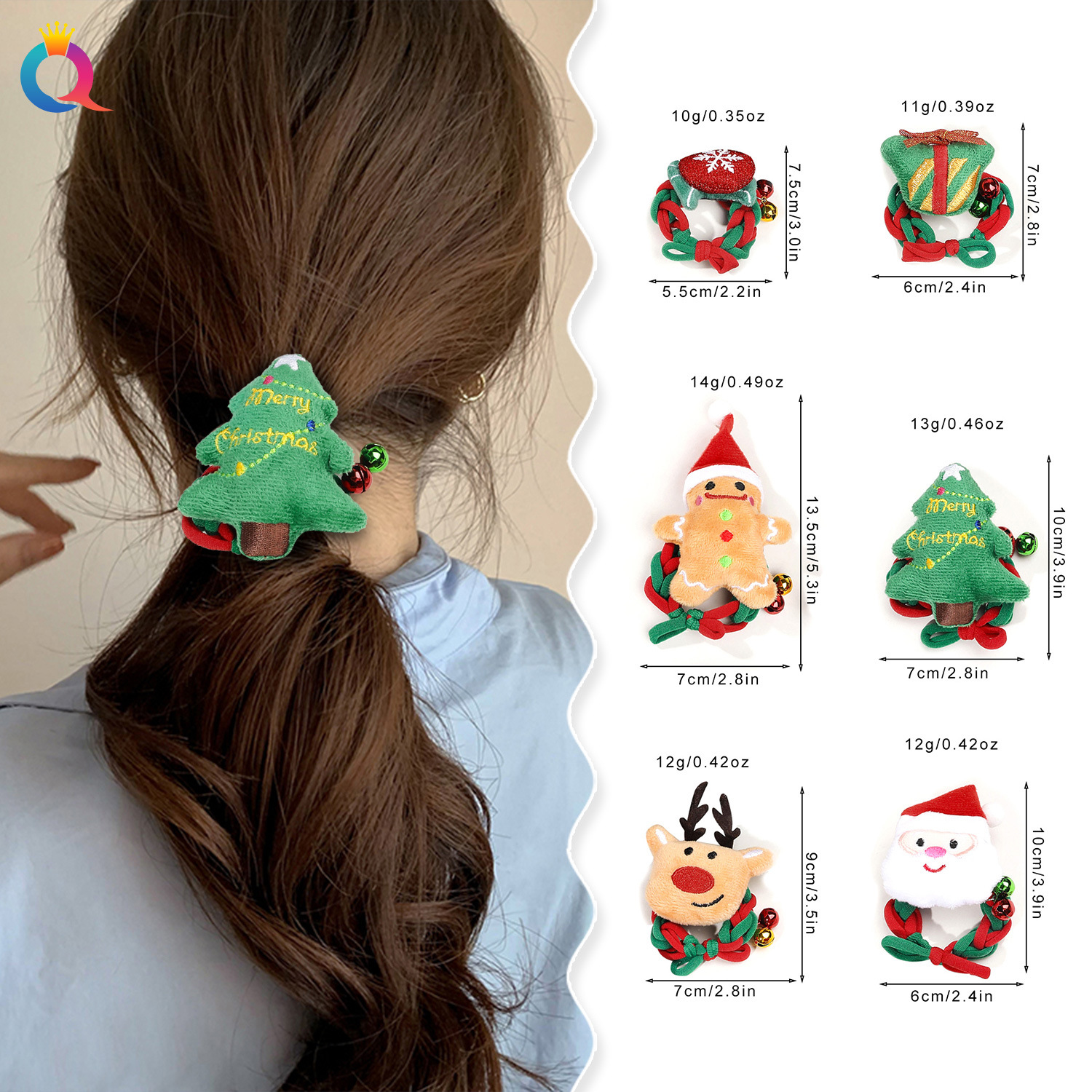 Wholesale of Qiyue Cross-border Christmas cartoon bell hair ties, braided hair ties, high-elasticity large intestine hair bands and hair accessories details Picture