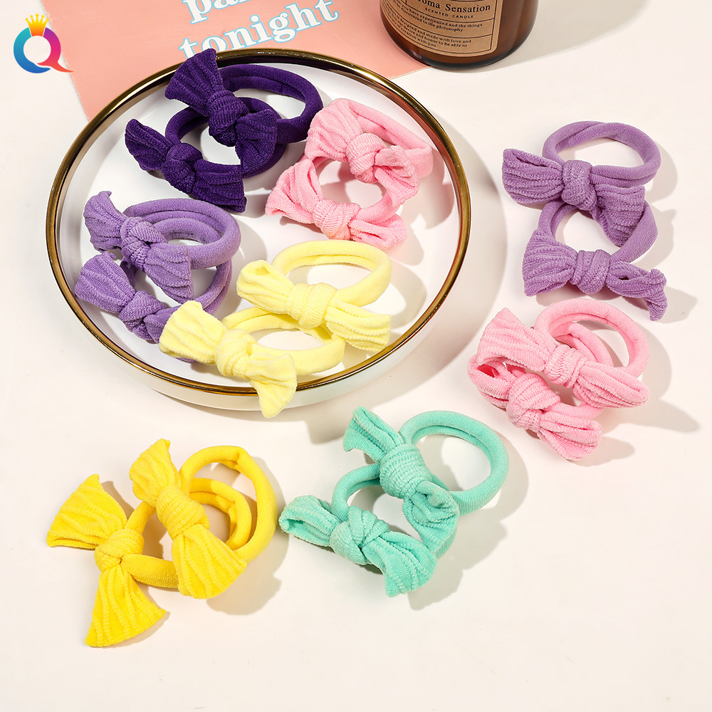 Wholesale of Qiyue children's candy-colored towel loops, high-elasticity bow hair ties, durable hair ties, leather bands and hair accessories details Picture