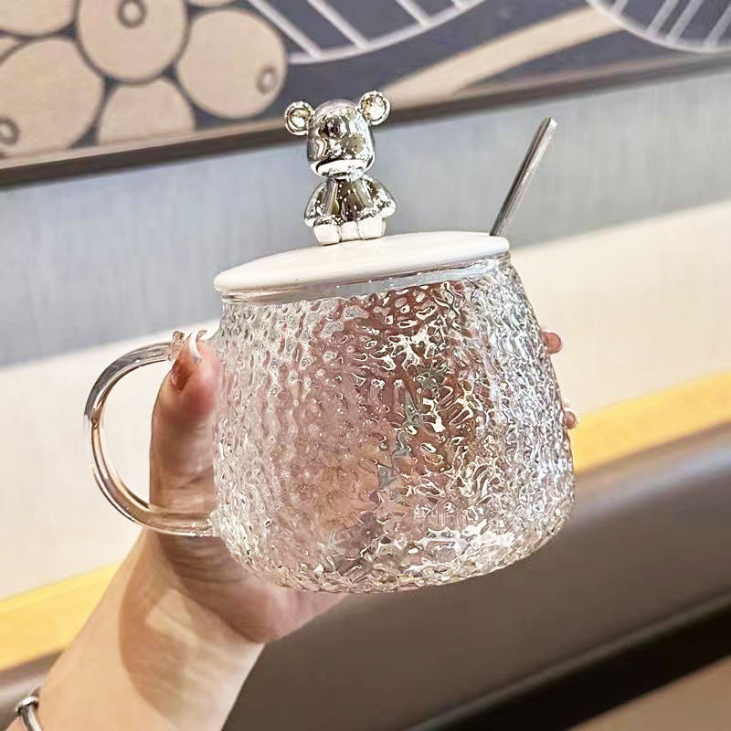 Little bear hammer-patterned glass water cup, simple and ins, high appearance level, with handle and lid, office home coffee cup mug Specification drawing