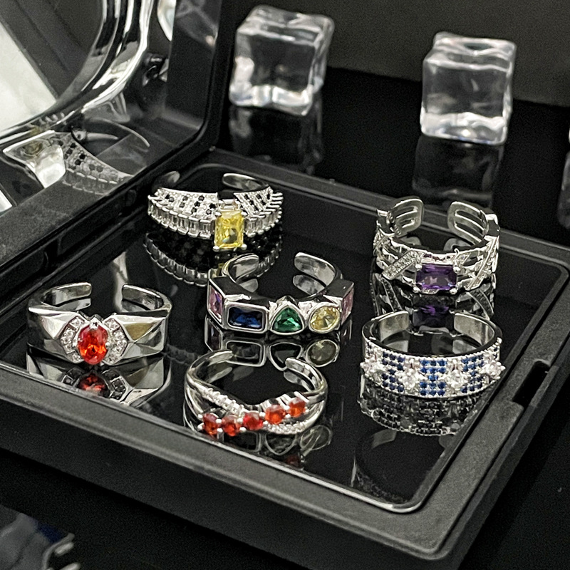 European and American light luxury colored gemstones, with a sense of high-end, individuality and versatility, open ring, fashionable, sweet and cool for women, ins cold style ring accessories Specification drawing