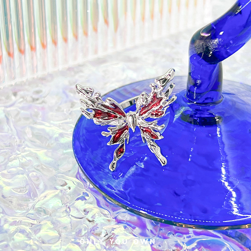Irregular red glazed butterfly-shaped opening ring for women's Instagram, a niche design with a high-end feel, a new Chinese-style national trend ring details Picture