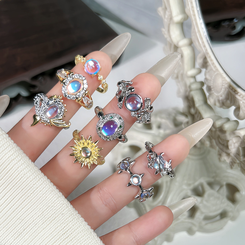 New Chinese-style retro moonstone sweet and cool ring for women, adjustable geometric, fashionable, exquisite and versatile index finger ring trend Specification drawing