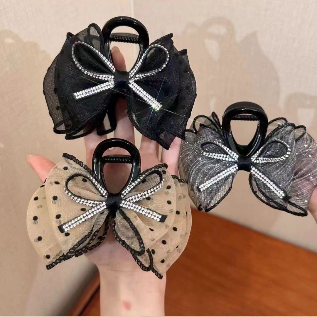 New shiny bow polka dot mesh bubble claw clip, a high-end and fashionable back head updo shark clip accessory full figure