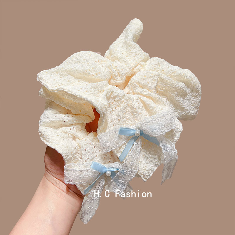 Korean-style fresh and clean bow, hollowed-out large intestine hair band, high-end look, bun hair rope at the back of the head, square scarf hair tie for girls full figure