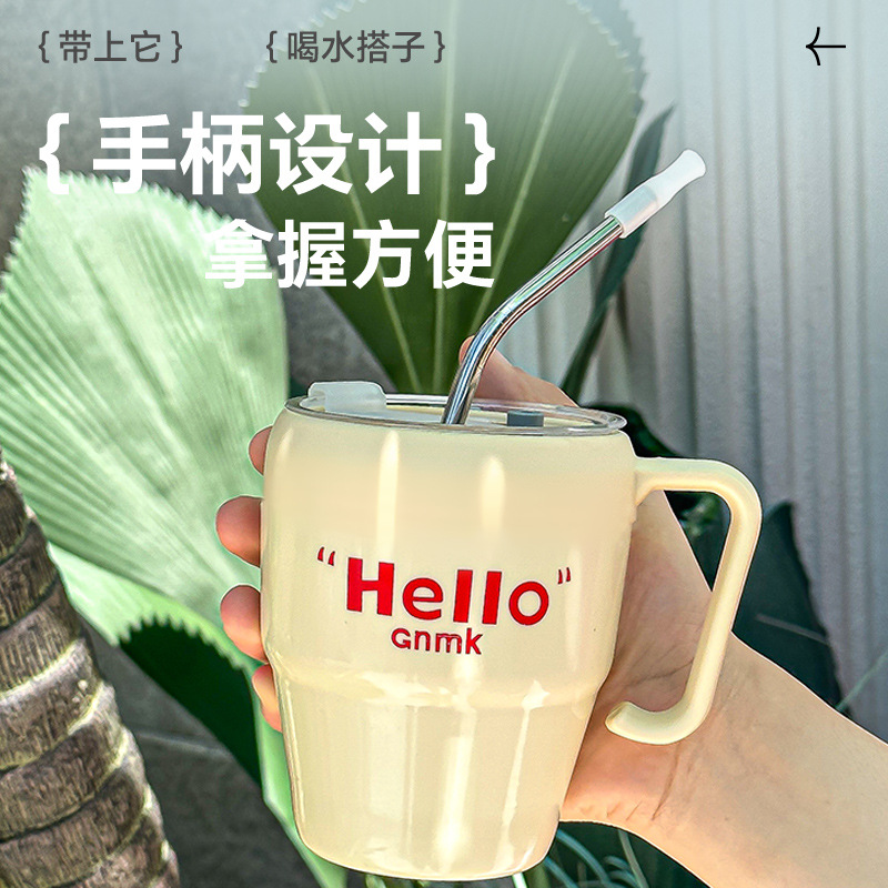 Glass cup, office handle coffee cup, stainless steel straw, glass water cup, summer macaron-colored double drinking cup details Picture