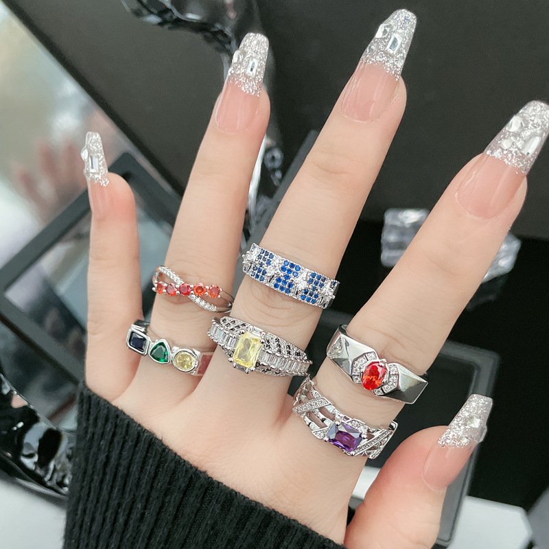 European and American light luxury colored gemstones, with a sense of high-end, individuality and versatility, open ring, fashionable, sweet and cool for women, ins cold style ring accessories details Picture