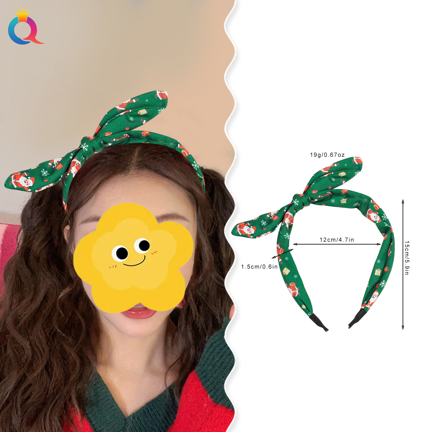 Qiyue Cross-border Christmas Knot Rabbit Ear Headband Fabric Art for the Elderly Snowflake High Skull Top Headband Head Hole Hair Accessory Batch details Picture