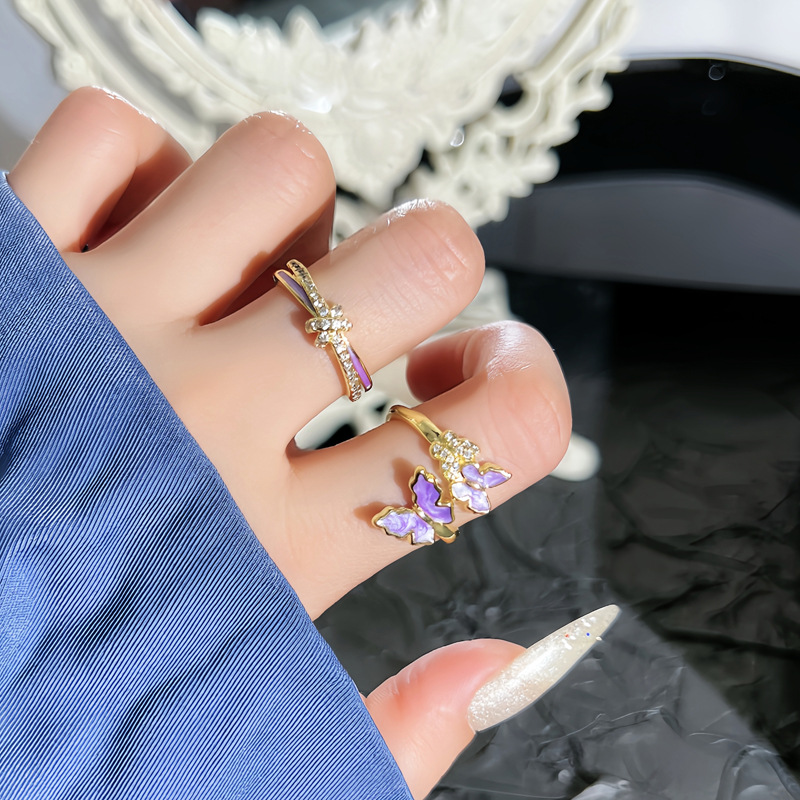 A new summer forest-themed purple enamel butterfly sweet and cool ring for women on Instagram, with a cold and elegant style and a high-end feel Specification drawing
