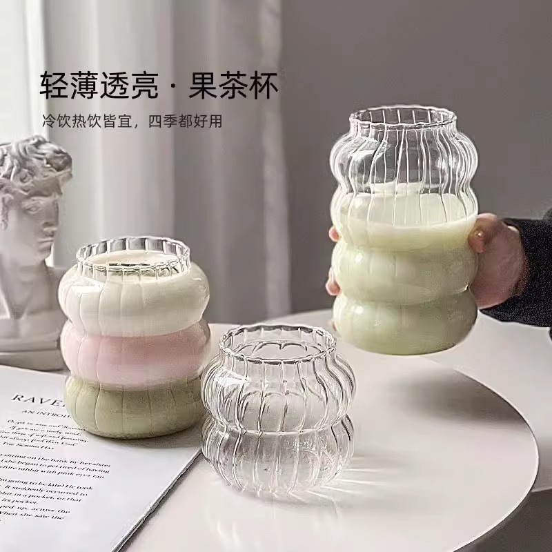 Vertical patterned glass cups, popular Jiejie cups, water cups, household large-capacity cold drinks, juice and milk cups, caterpillar coffee cups full figure