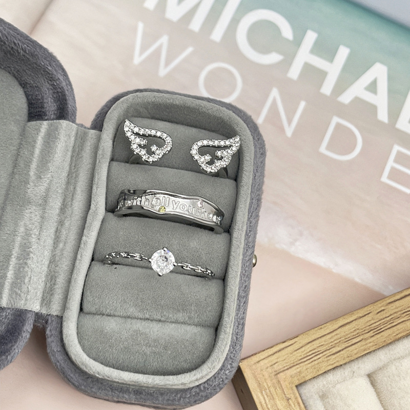 Korean-style niche and simple letter color diamond adjustable ring, women's wing slightly set light luxury and fashionable single diamond versatile ring Specification drawing