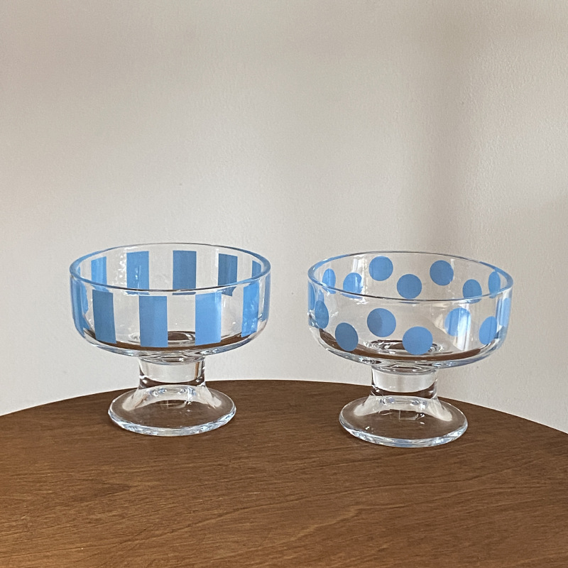 ins simple blue striped polka dot high-legged dessert ice cream cup, fresh glass cup, yogurt pudding cup full figure