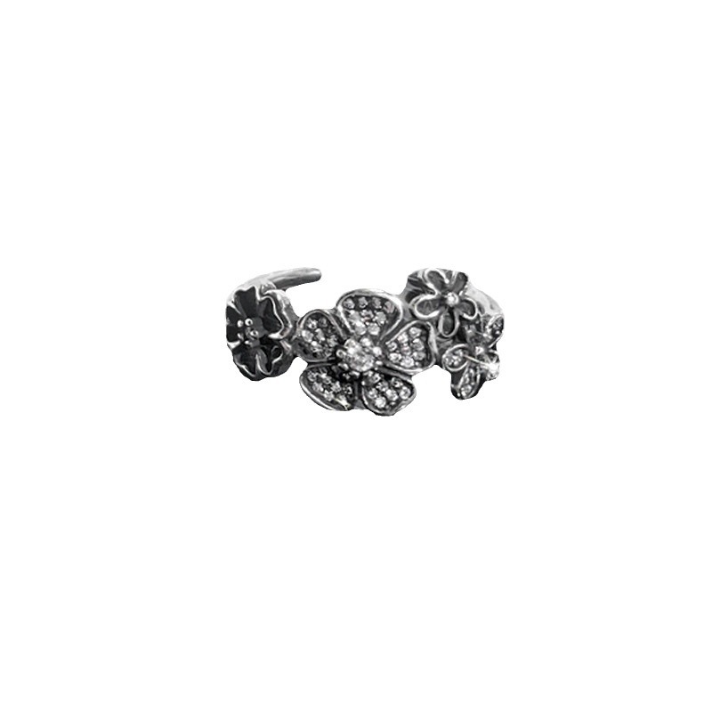 A retro and aged Japanese and Korean flower diamond-encrusted open-mouth ring for women, a trendy and fashionable, versatile, and niche design ring on Instagram Item Picture