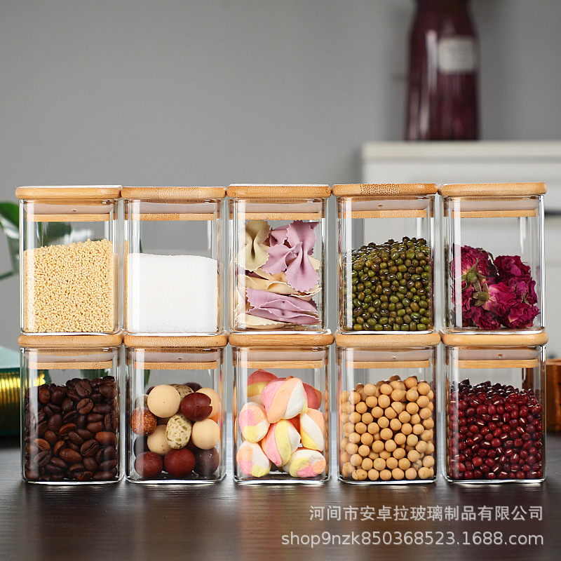 Cross-border bestseller glass seasoning jar with measuring spoon 210ml/7oz set, salt jar, sugar jar, pepper powder storage jar Specification drawing