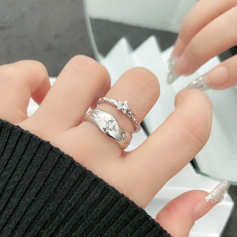 Couple plain circle star opening ring, women's light luxury high-end set ring, cold style, individual and simple index finger ring full figure