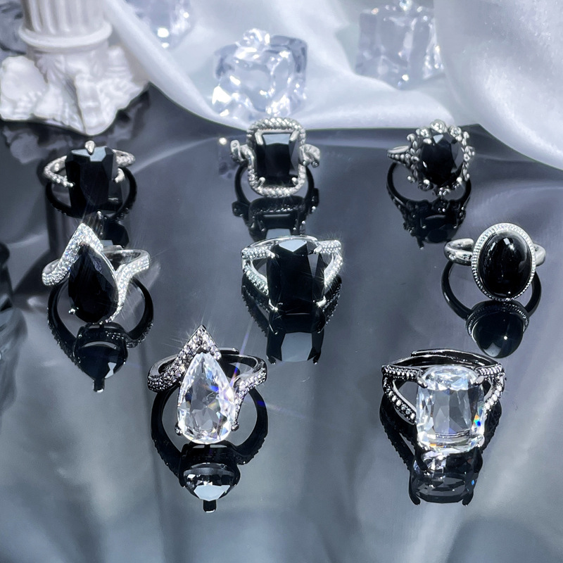 European and American punk, cool, dark, irregular zircon heavy industry open ring, women's Instagram cold style fashion food ring Specification drawing