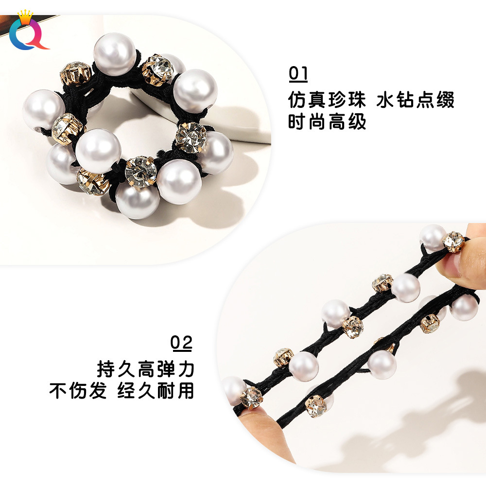 Wholesale of Qiyue pearl hair tie, rhinestone braided hair tie, Korean-style high-elasticity rubber band hair tie, ponytail hair accessory Specification drawing